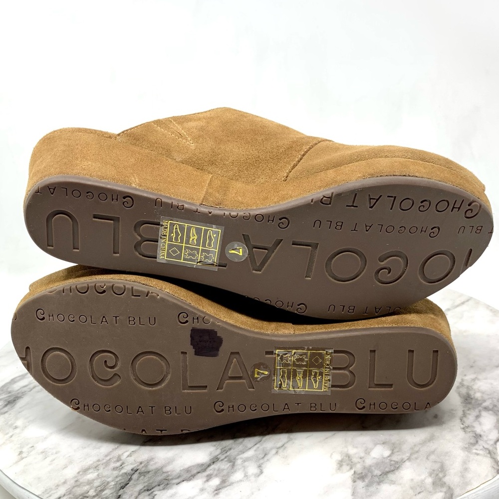 Chocolat Blu Yoana Brown Suede Peep Toe Wedge Mules 7 Bohemian Lagenlook Classic - Picture 8 of 16